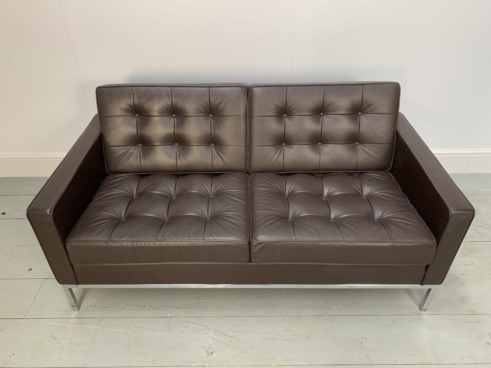 American Knoll Studio “Florence Knoll” Settee Sofa in “Sabrina” Mahogany Brown Leather