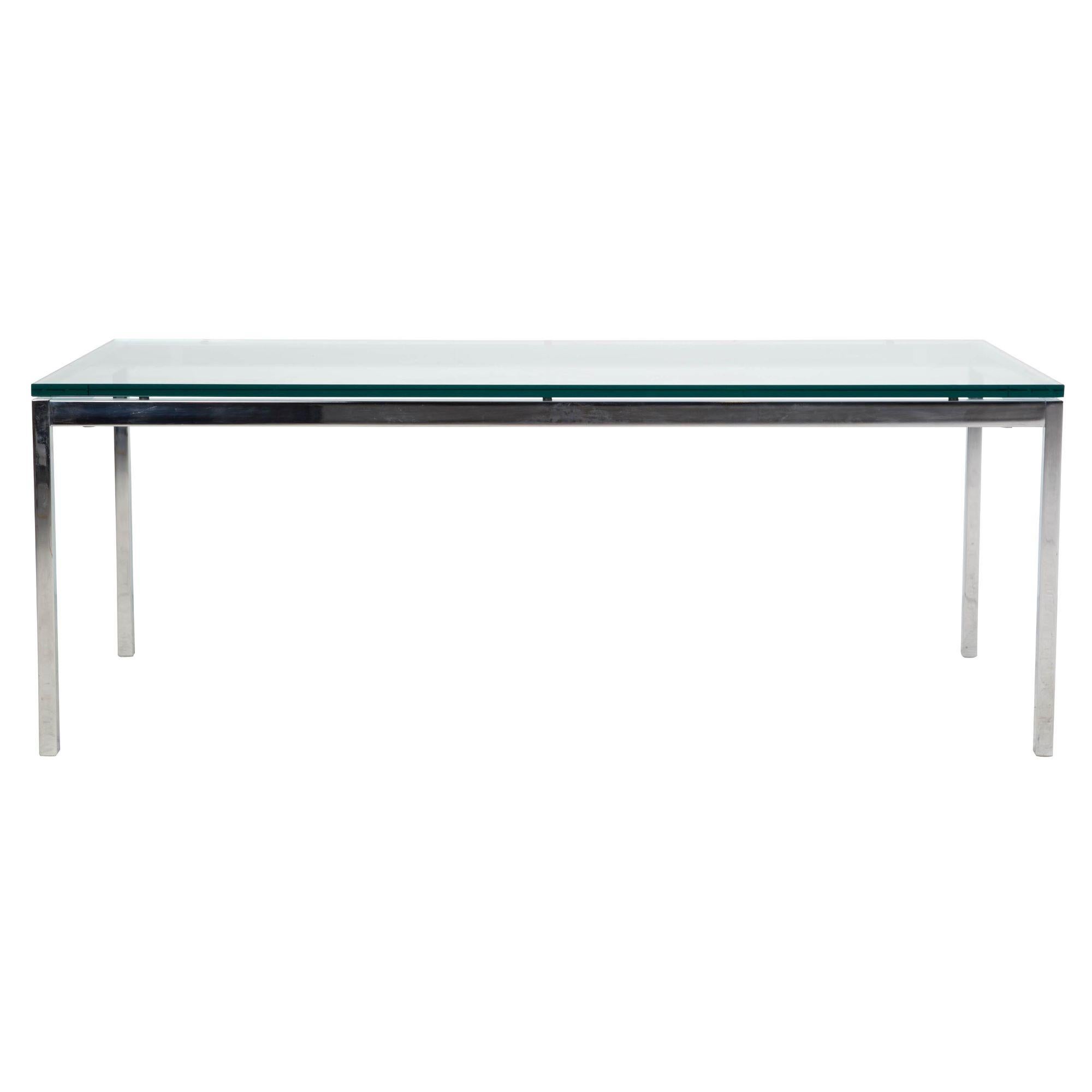 Contemporary chrome Florence Knoll coffee table by Knoll studio with glass top, signed at the base of the leg.