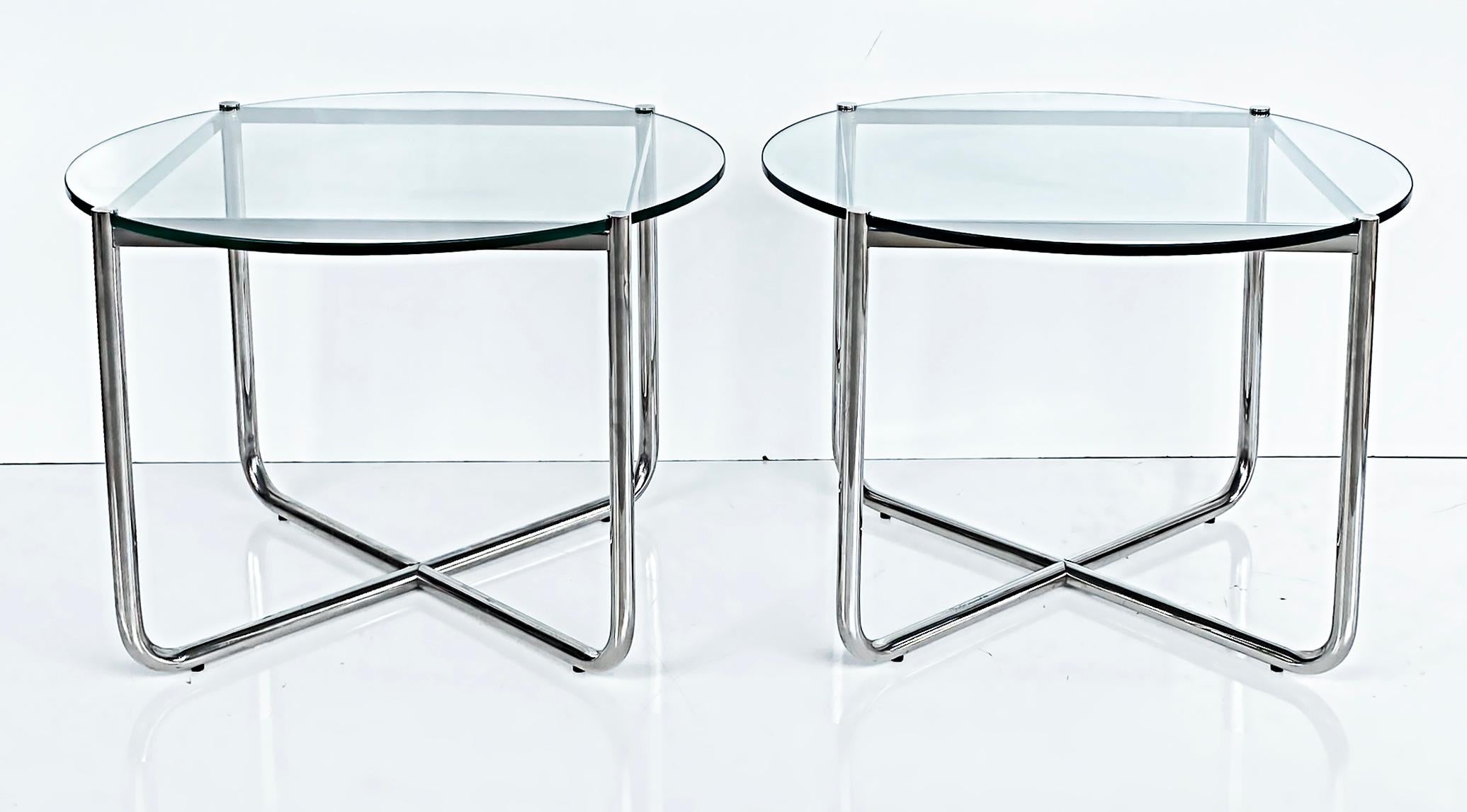 Knoll Studio Mies Van De Rohe MR Side Tables

Offered for sale is a pair of Knoll Studio Ludwig Mies Van Der Rohe MR stainless steel side tables with glass tops. Each Top is ½” thick clear polished plate glass and the frame and legs are tubular