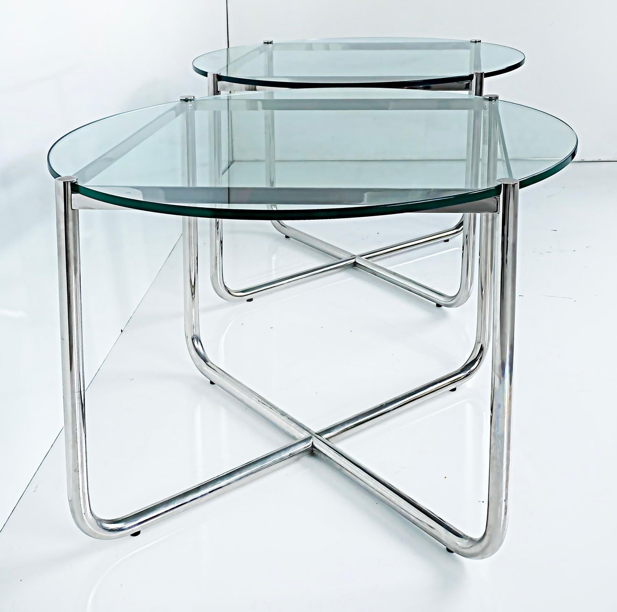 Mid-Century Modern Knoll Studio Mies Van De Rohe MR Side Tables in Stainless with Glass Tops, Pair