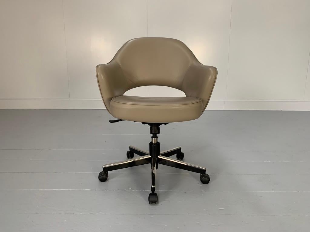 On offer on this occasion is a rare, original “Saarinen Executive” swivel, height-adjustable office armchair from the world renown furniture house of Knoll Studio, dressed in a sublime, tactile  “Volo” leather in Taupe, and with polished “Chrome