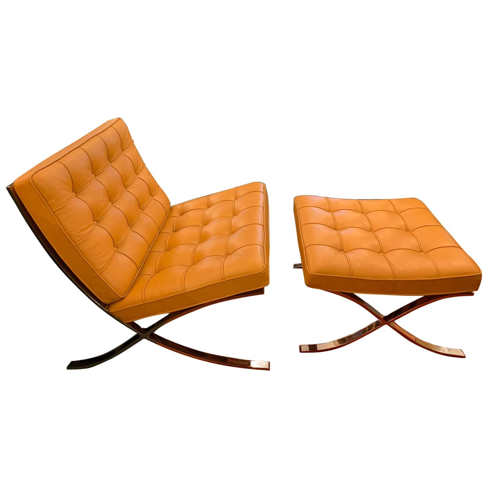 Knoll Studio Volo Tan Leather Barcelona Chair and Ottoman For Sale