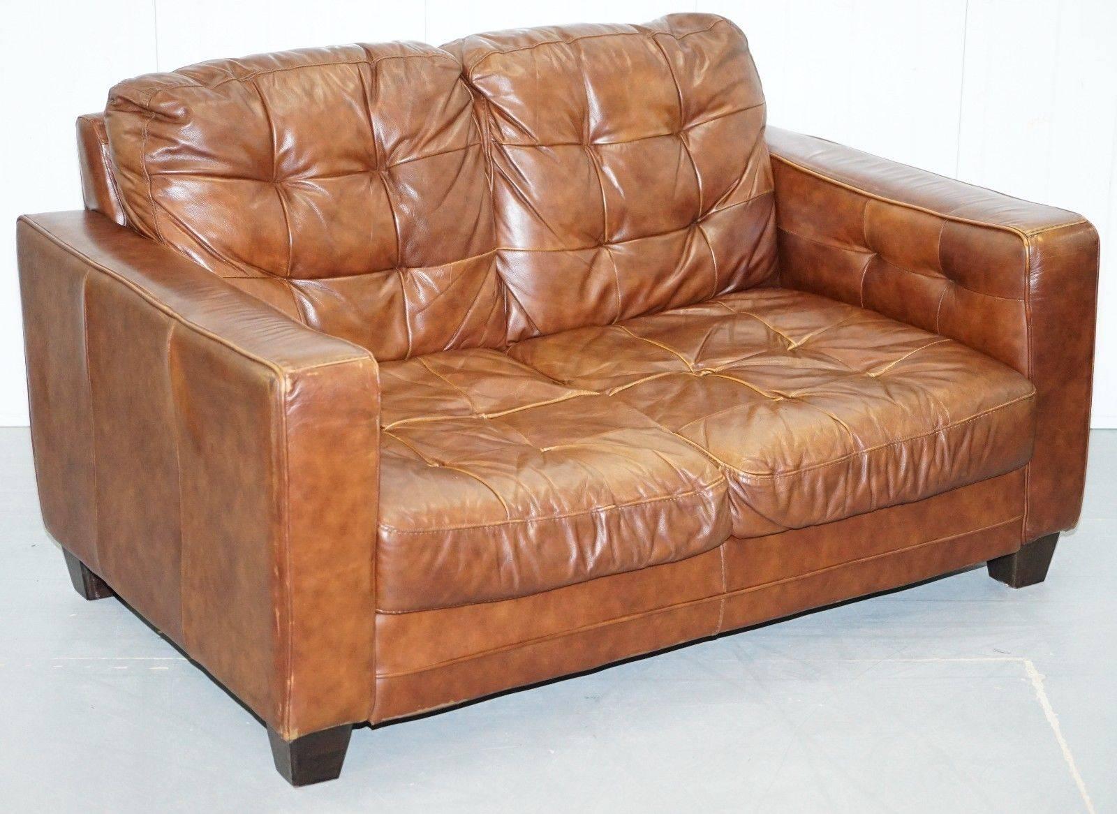 Knoll Style Aged Brown Leather Sofa Chesterfield Style Buttoning Two-Seat Sofa 3