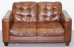 Knoll Style Aged Brown Leather Sofa Chesterfield Style Buttoning Two-Seat Sofa
