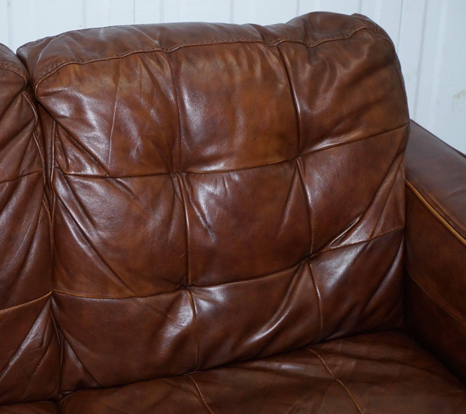 Mid-Century Modern Knoll Style Aged Brown Leather Sofa Chesterfield Style Buttoning Two-Seat Sofa