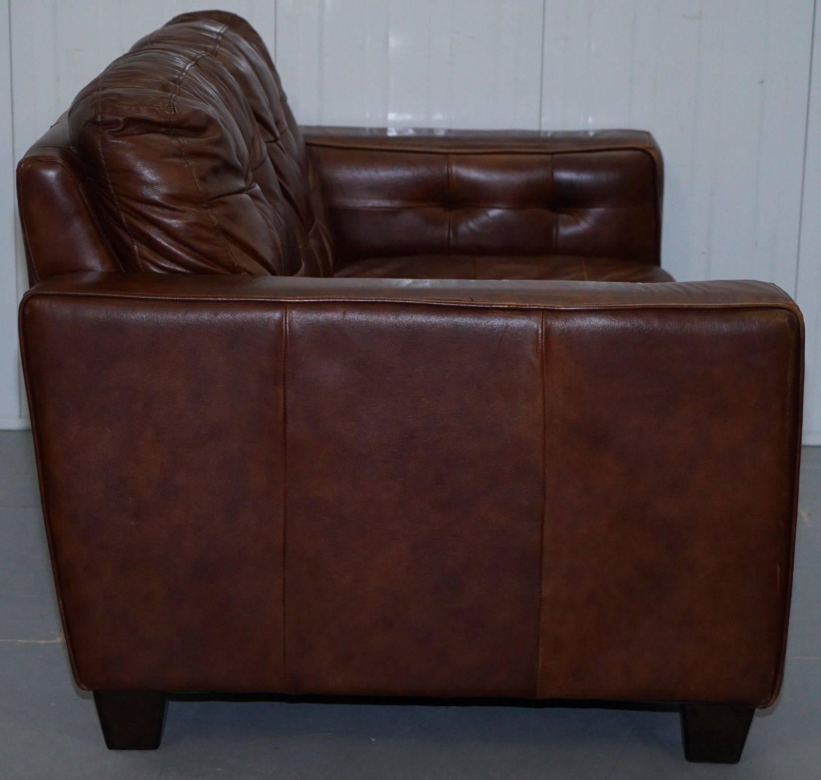 20th Century Knoll Style Aged Brown Leather Sofa Chesterfield Style Buttoning Two-Seat Sofa