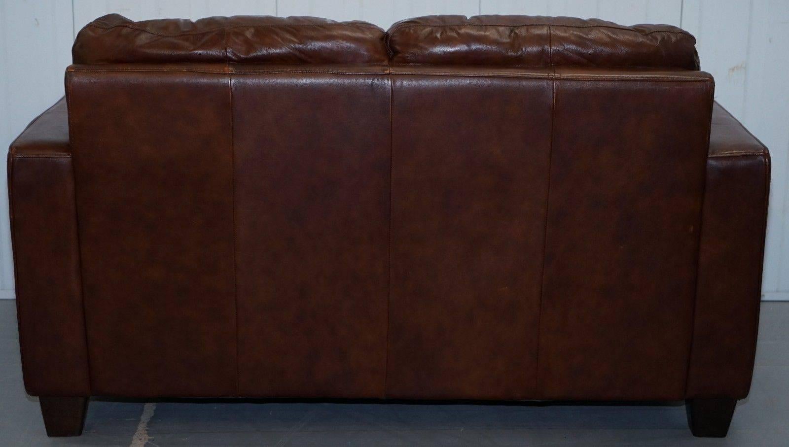 Knoll Style Aged Brown Leather Sofa Chesterfield Style Buttoning Two-Seat Sofa 1