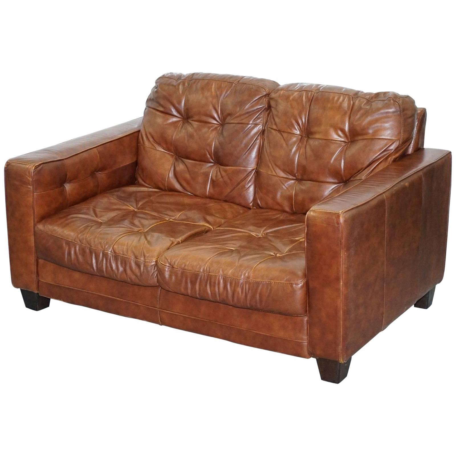 Knoll Style Aged Brown Leather Sofa Chesterfield Style Buttoning Two-Seat Sofa