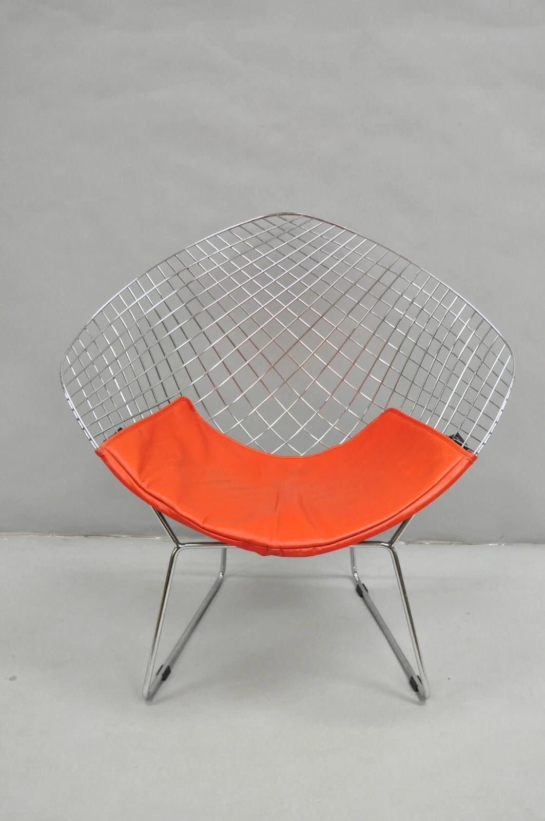 Loungesessel im Knoll-Stil Bertoia Chromdraht Metall Diamant Loungesessel mit rotem Kissen im Angebot 6