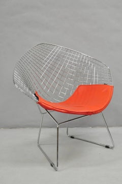 Knoll Style Bertoia Chrome Wire Metal Diamond Lounge Chair With Red Cushion