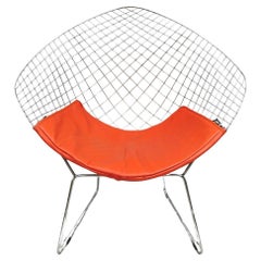 Knoll Style Bertoia Chrome Wire Metal Diamond Lounge Chair With Red Cushion