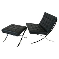 Knoll Style Black Leather Barcelona Chair With Ottoman