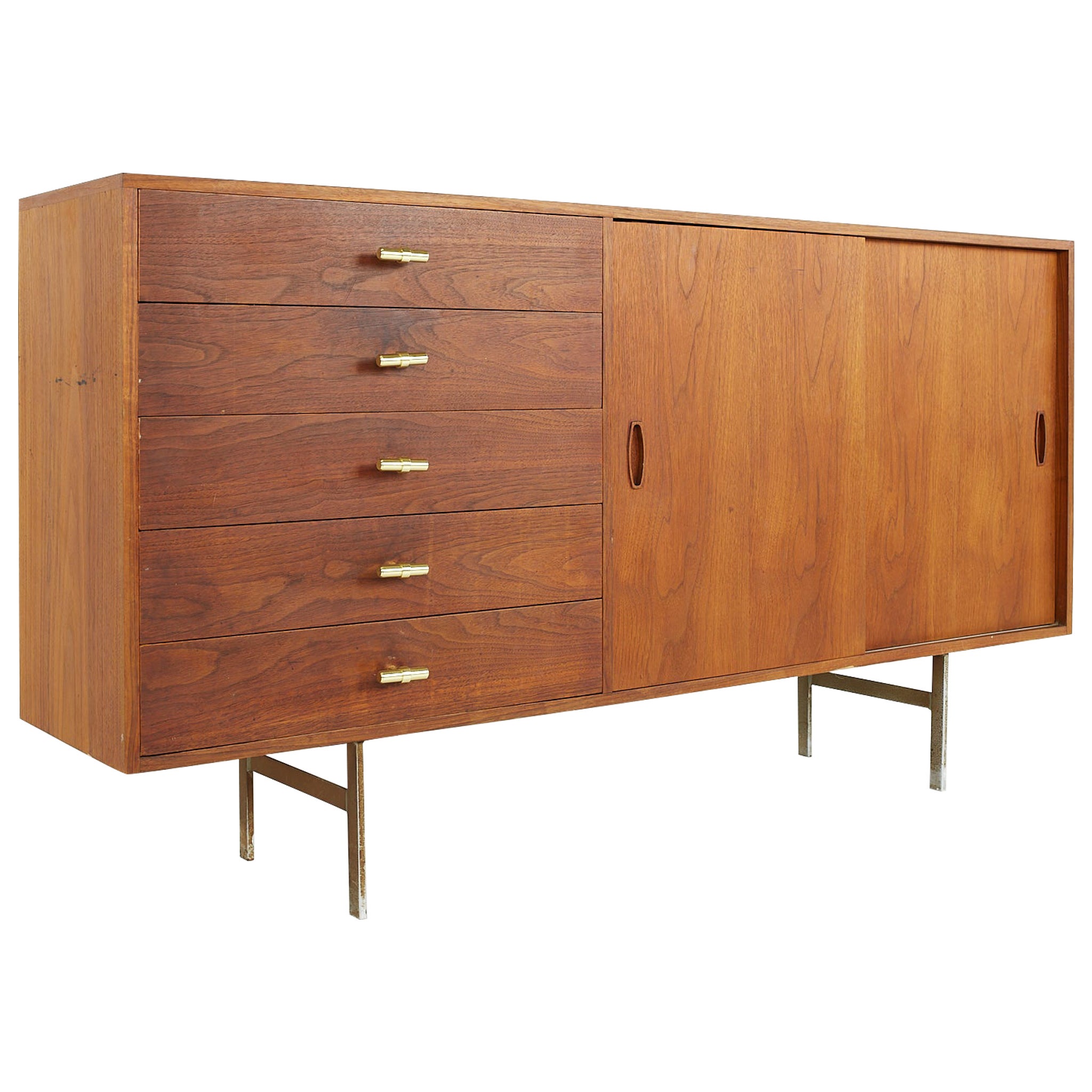 Knoll Style Mid Century Teak and Chrome Sliding Door Sideboard Credenza