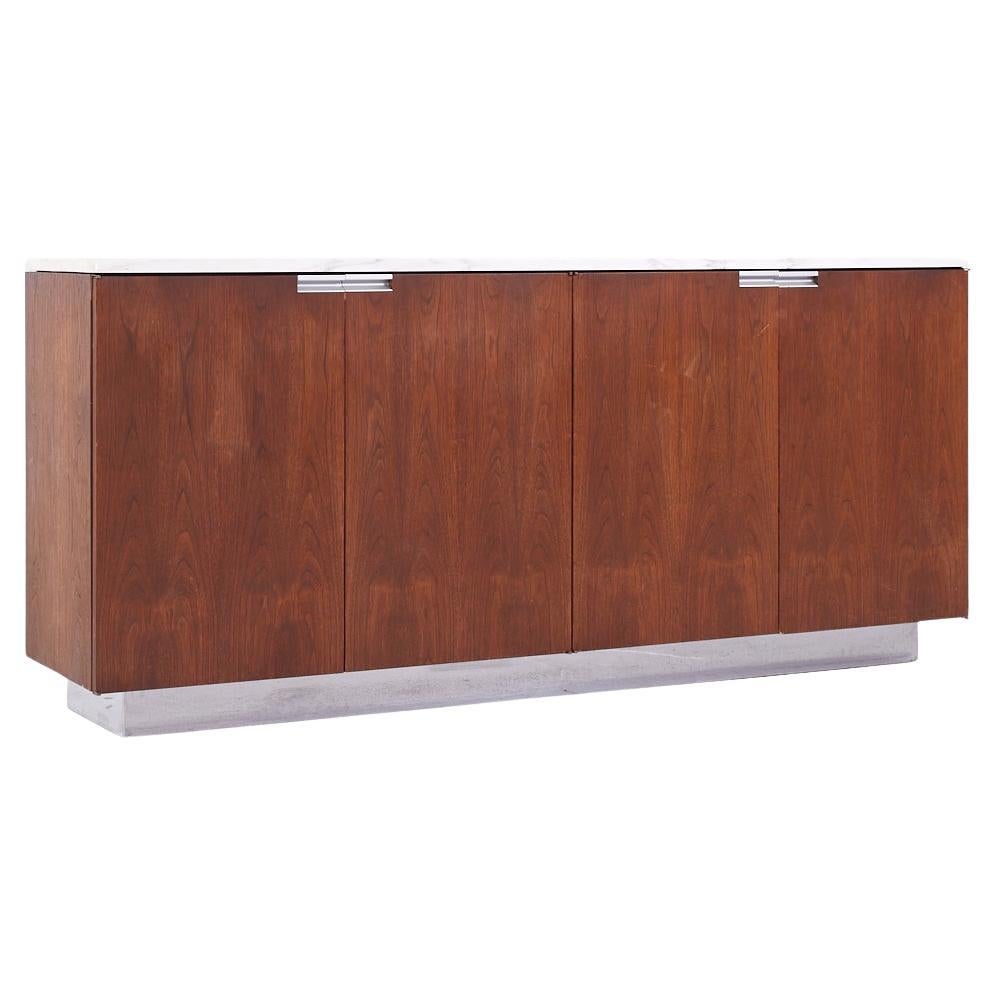 Knoll Style Mid Century Walnut and Carrara Marble Top Credenza For Sale