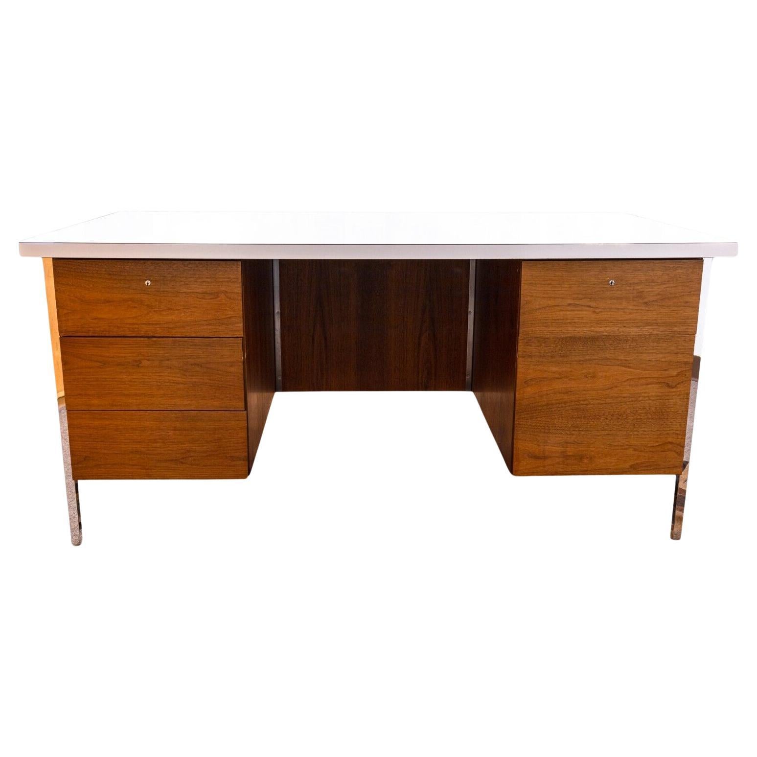 Knoll Walnut Mid Century Modern Double Pedestal Desk with White Laminate Top For Sale