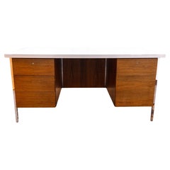 Retro Knoll Walnut Mid Century Modern Double Pedestal Desk with White Laminate Top