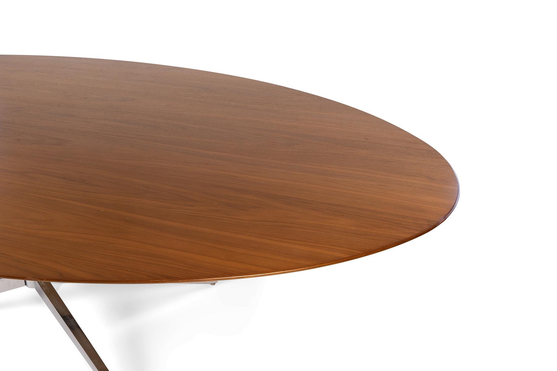 Mid-Century Modern Knoll Walnut Oval Dining Table with Chrome-Plated Steel Base