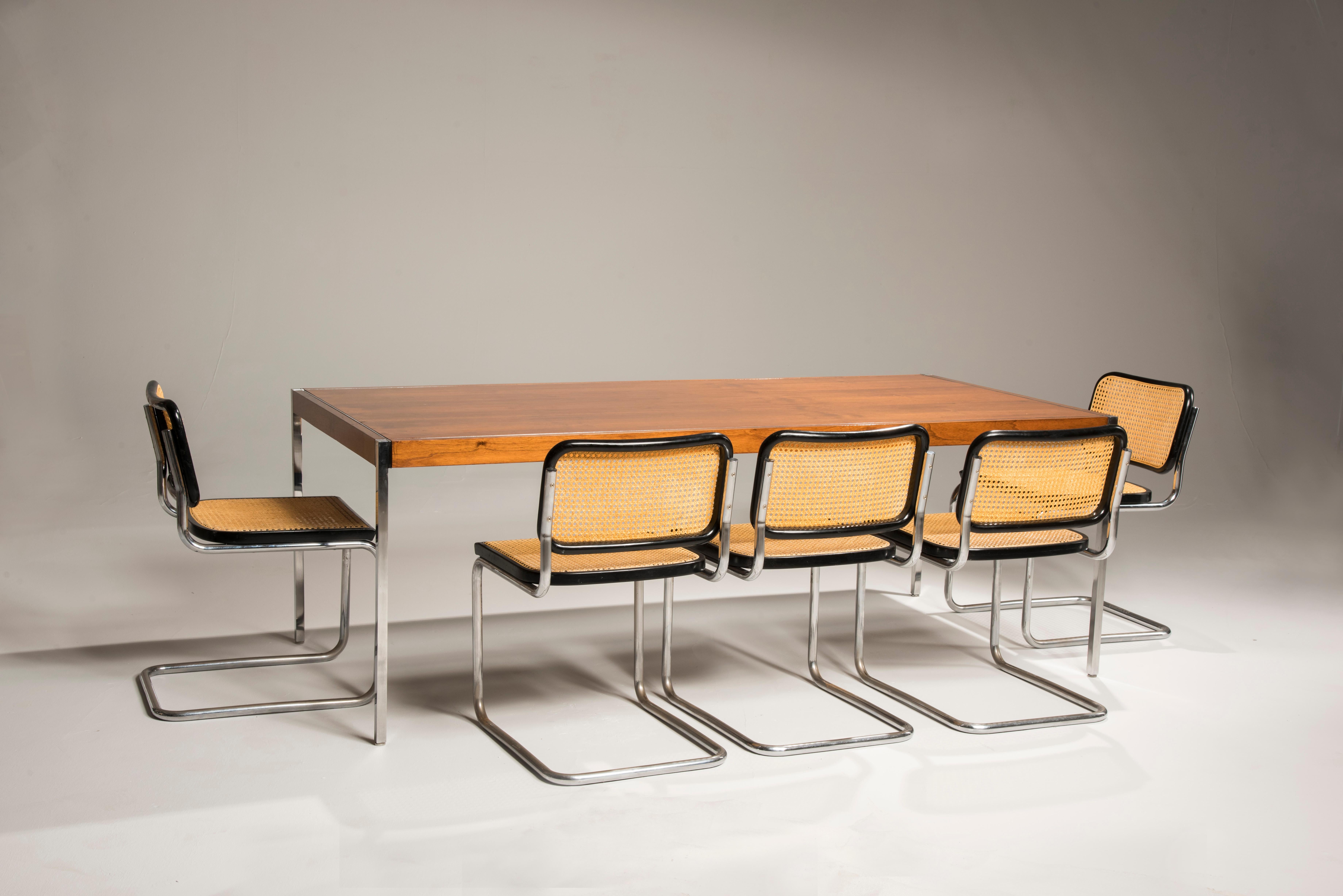 Knoll tables from Florence Collection. Two tables or desks, walnut wood top and chromed steel structure. Very good conditions, we have restored them in conservative way, re-polished. Giving their size they suit to be used as diplomatic desk or