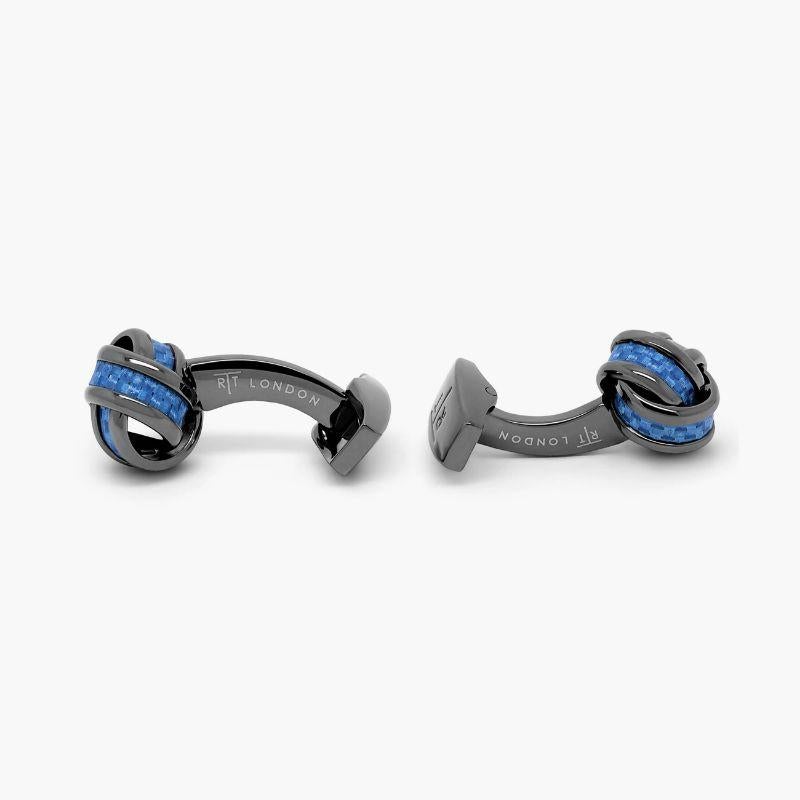 Knot Cufflinks with Blue Alutex

Our iconic knot cufflinks are elevated with a splash of colour, using blue Alutex, laid within the curves of the overlapping knot. Set in gunmetal plated base metal. Perfect for those who love a minimalistic style.