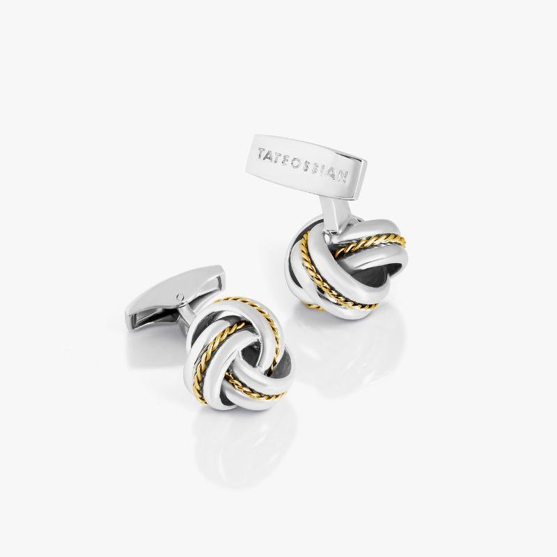 Knot Twisted Royal Cable Cufflinks in Silver and 18k Yellow Gold

Breathing a touch of charm into an ever-evolving collection is this pair of striking knot cufflinks. Intricately woven 18K yellow gold has been fashioned into cables that form a