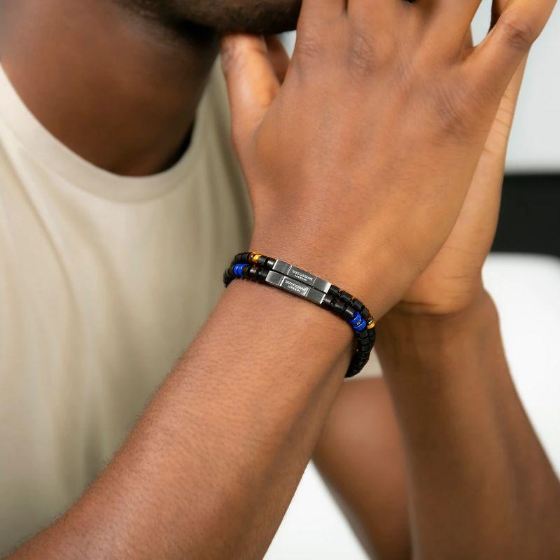 Knotted Fettuccine Bracelet in Ebony Wood, Tiger Eye Beads & Silver Clasp, Size S For Sale 1