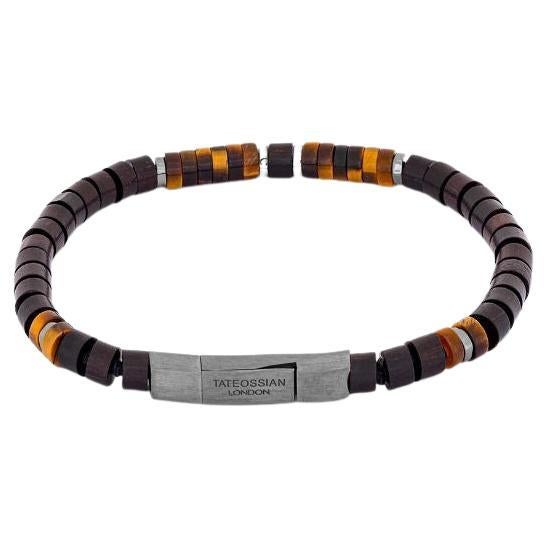 Knotted Fettuccine Bracelet in Ebony Wood, Tiger Eye Beads & Silver Clasp, Size S For Sale