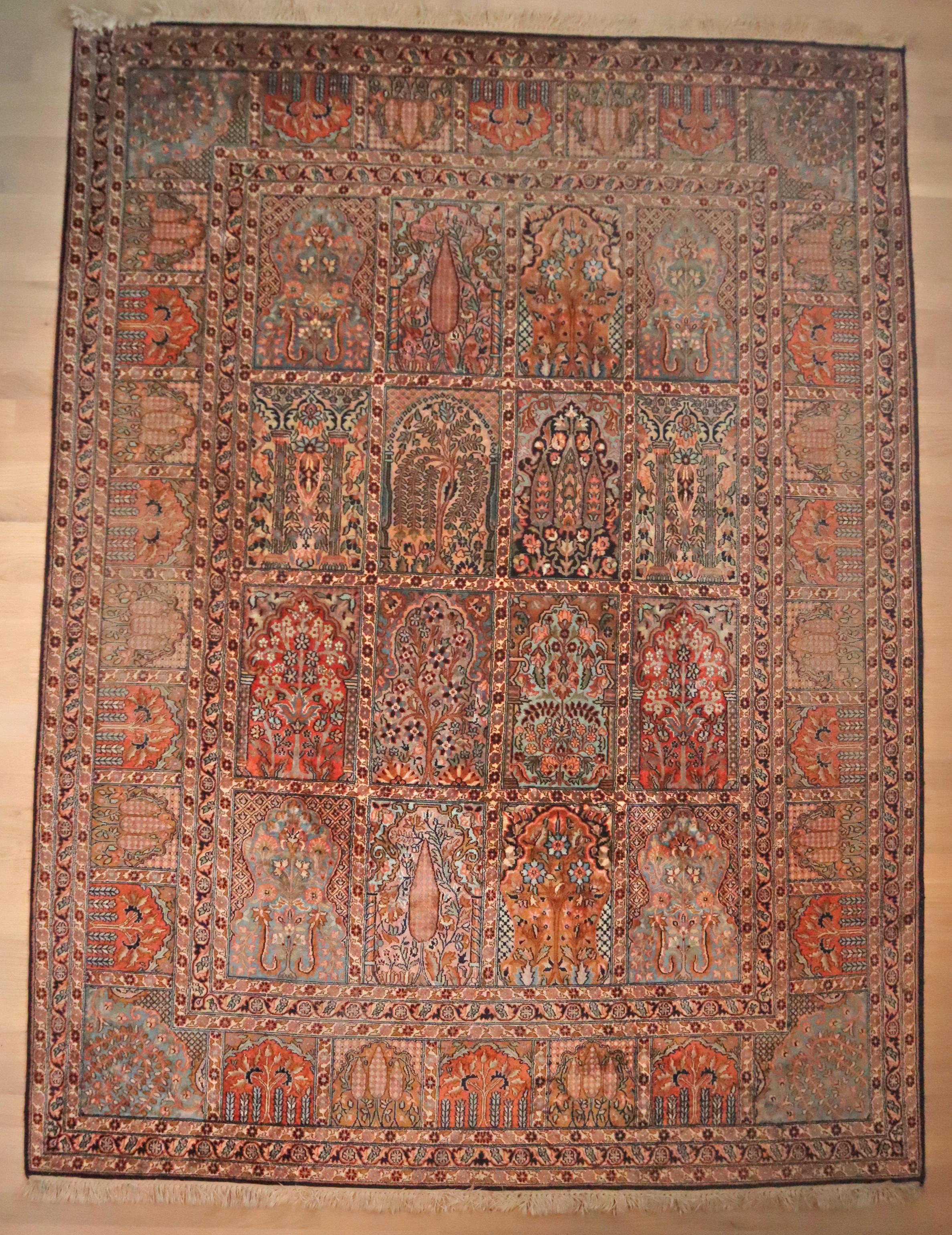 Hollywood Regency Knotted Indian Silk Rug with Animal Motifs and Flowers from Hamadan, 1970 For Sale