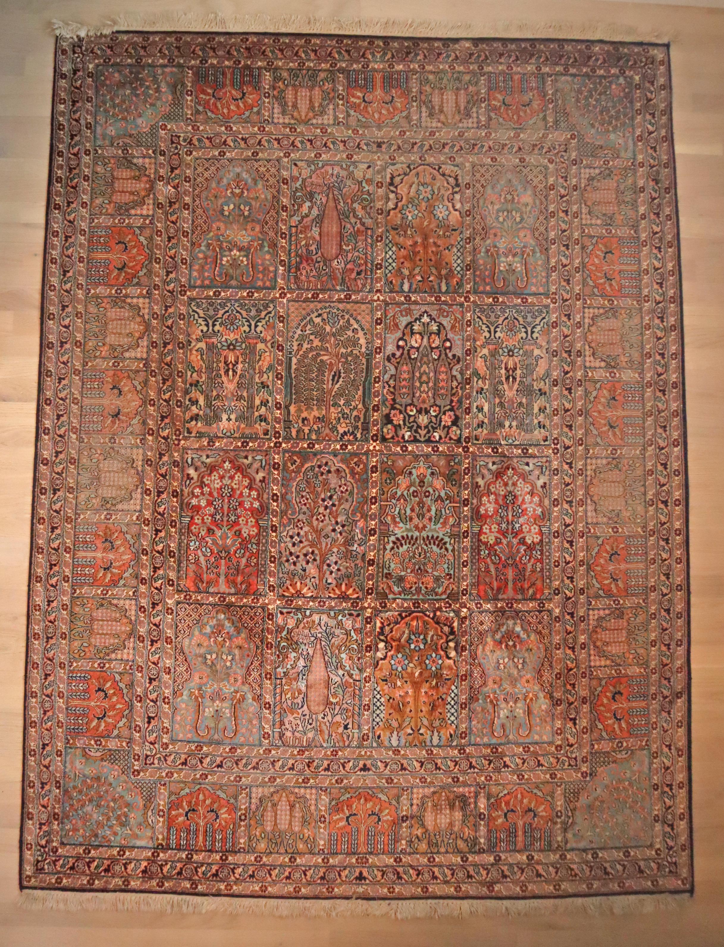 Hand-Knotted Knotted Indian Silk Rug with Animal Motifs and Flowers from Hamadan, 1970 For Sale