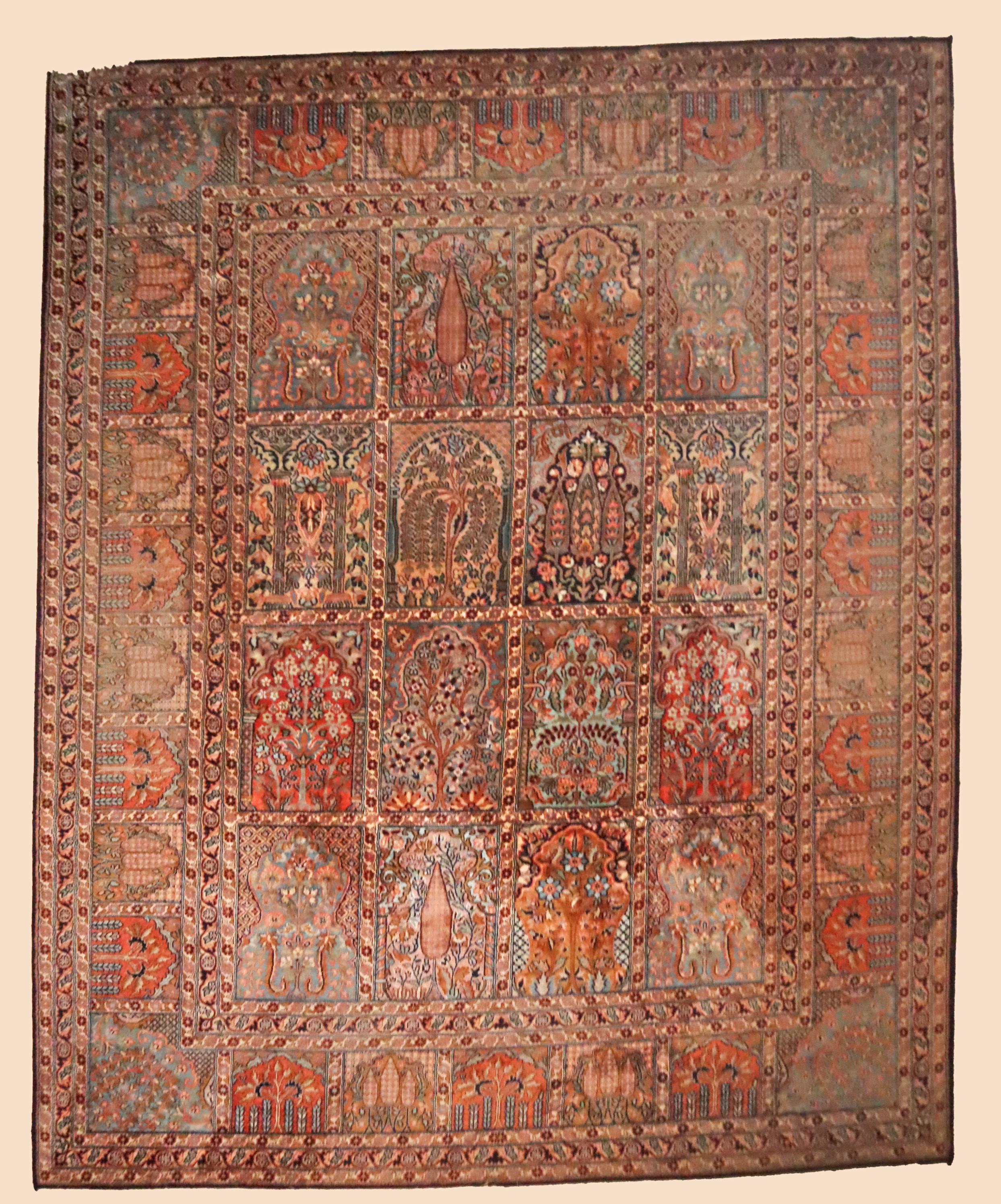 Knotted Indian Silk Rug with Animal Motifs and Flowers from Hamadan, 1970 In Distressed Condition For Sale In Hannover, DE