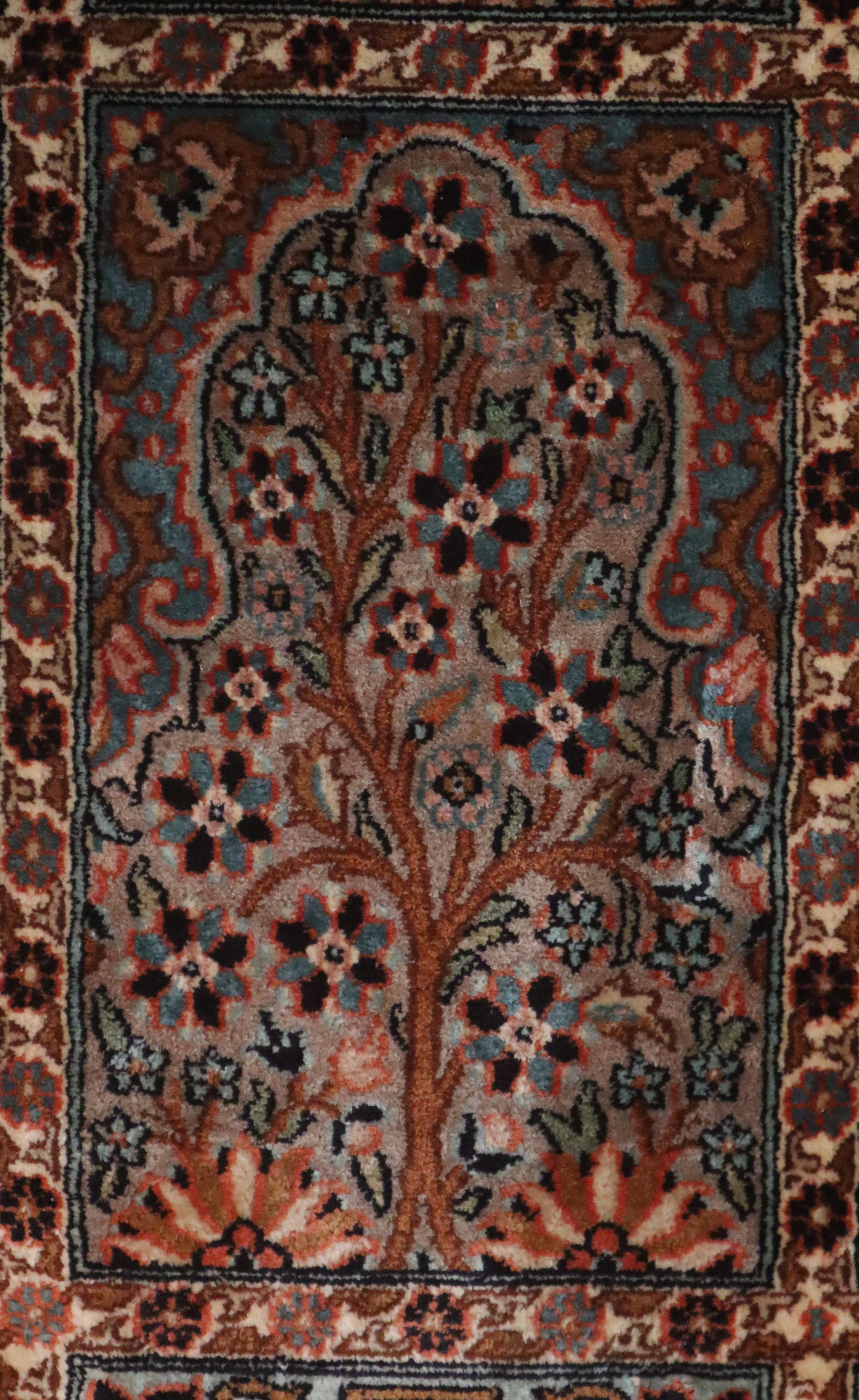 Late 20th Century Knotted Indian Silk Rug with Animal Motifs and Flowers from Hamadan, 1970 For Sale