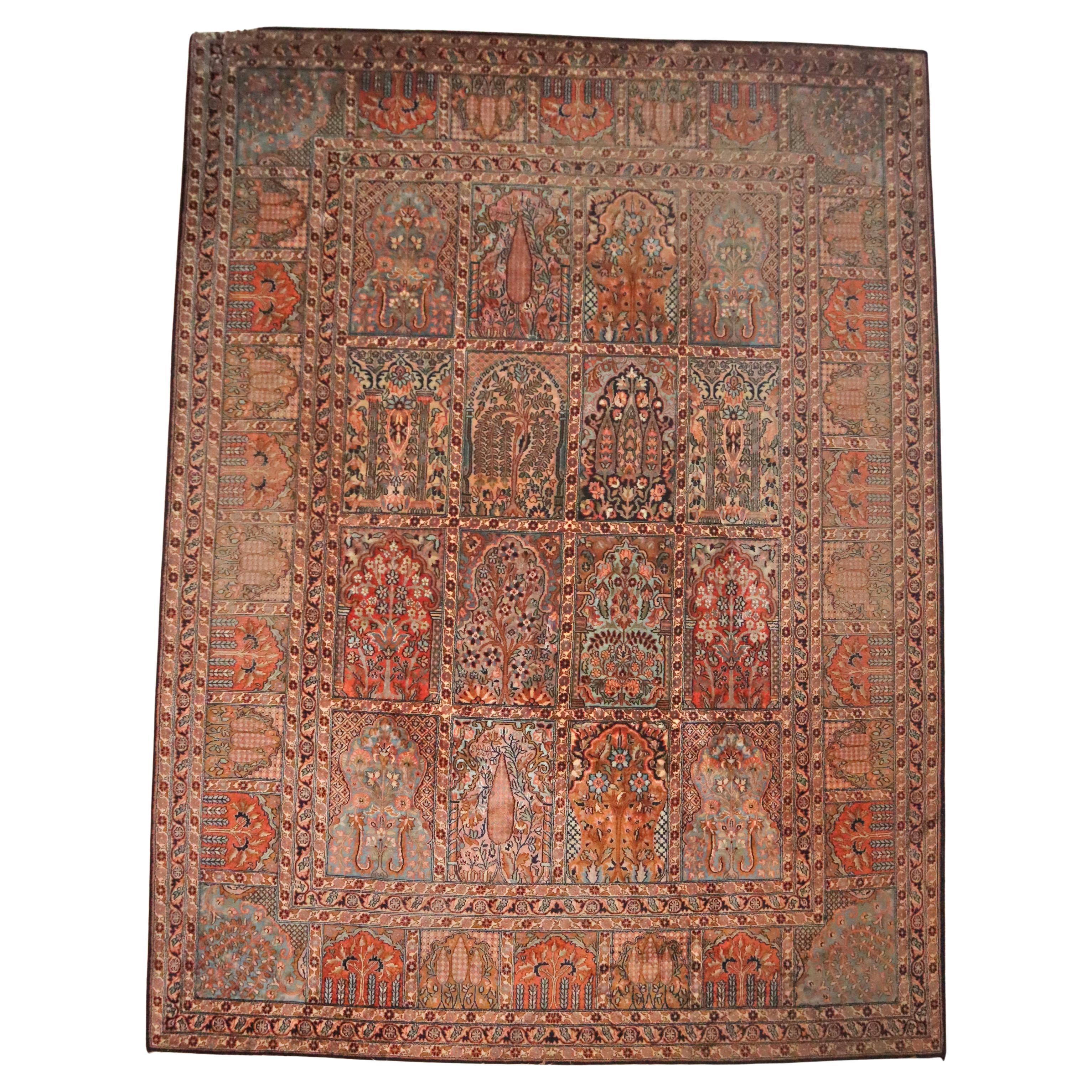 Knotted Indian Silk Rug with Animal Motifs and Flowers from Hamadan, 1970 For Sale