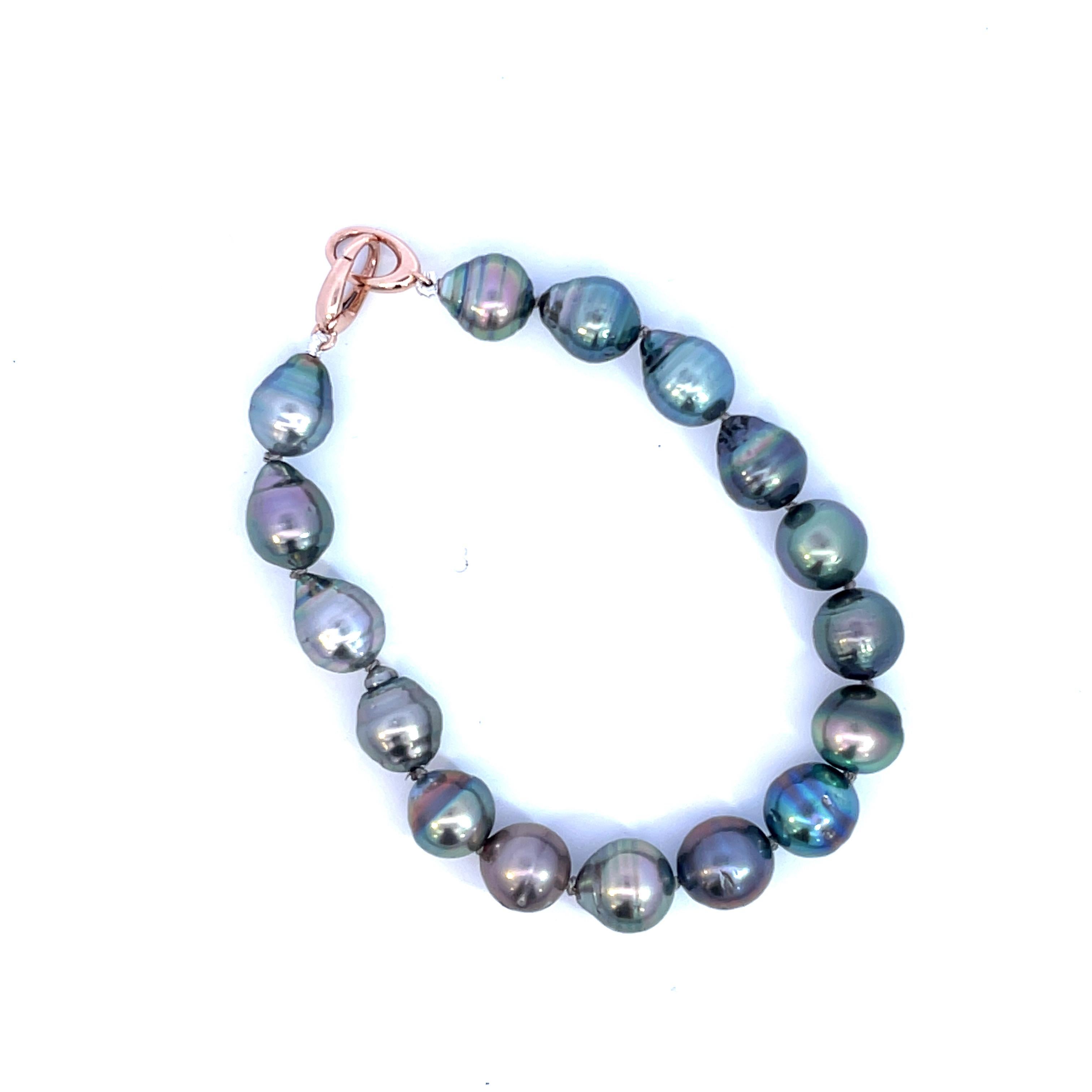 Bead Knotted Tahitian Pearl Bracelet with 14k Rose Gold Triggerless Clasp For Sale