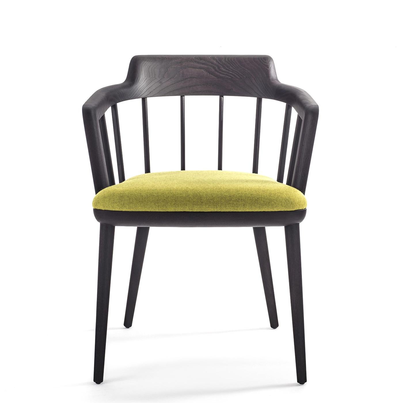 Chair Knowles ash grey with armrests with all structure in solid
ash in grey stained finish. Upholstered and covered with yellow
velvet fabric Cat C. 
Also available in other wood finishes, on request.
Also available with other fabrics, on