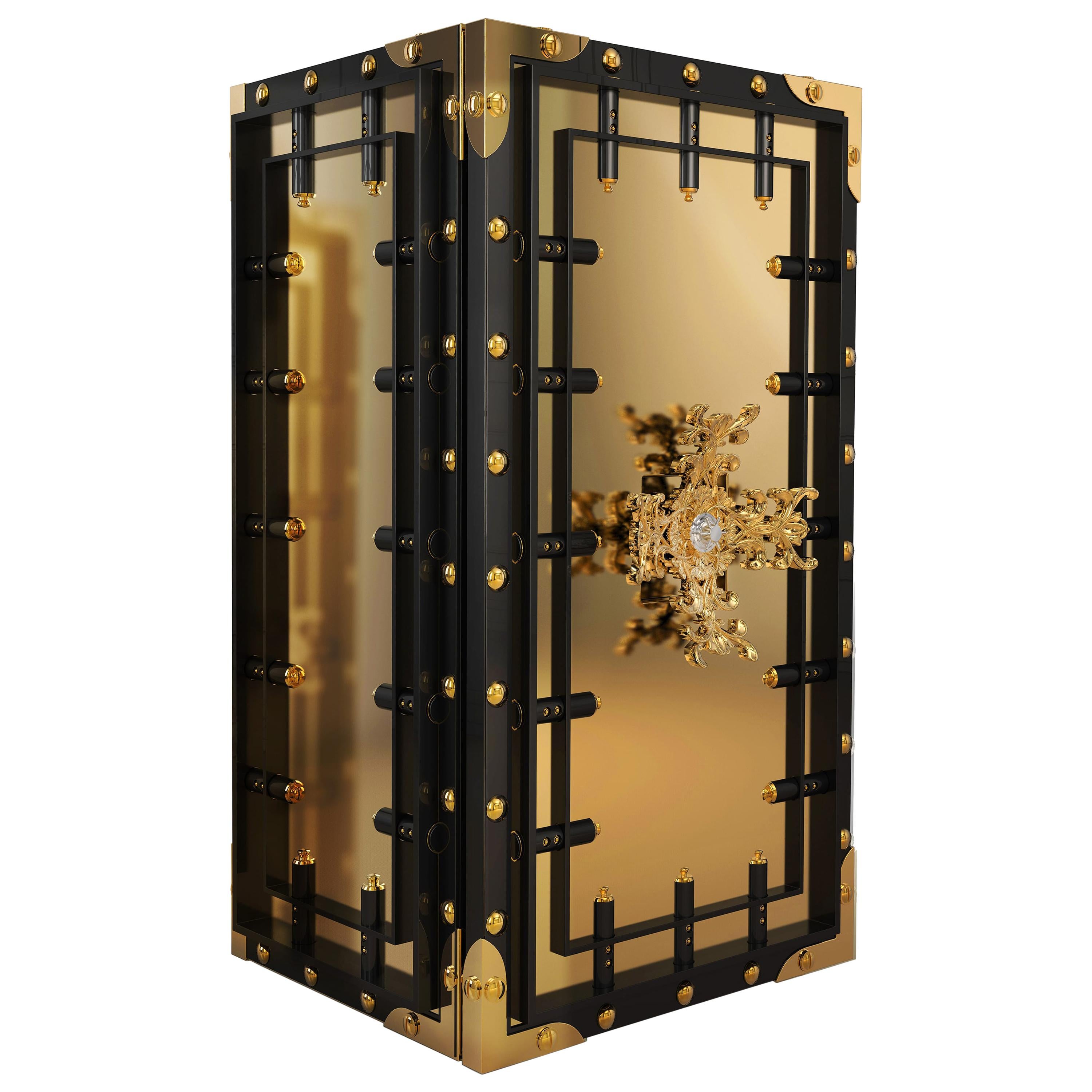 Knox Luxury Safe in Black with Brass and Lacquered Wood For Sale