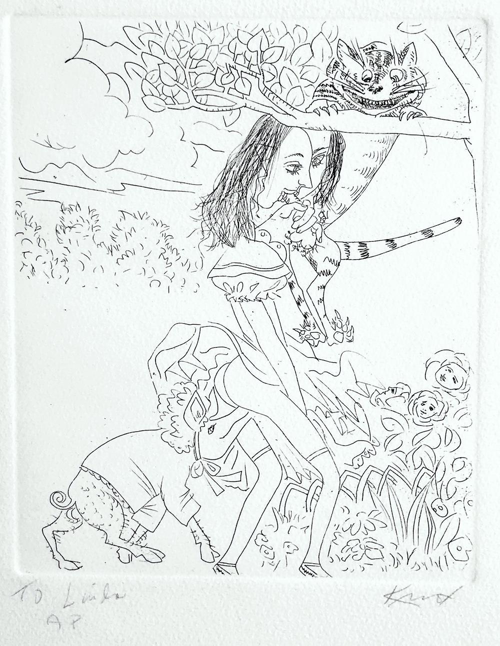 Alice im Wunderland: CHESHIRE CAT, signierte Radierung, Grinning Cat, erotische Zeichnung