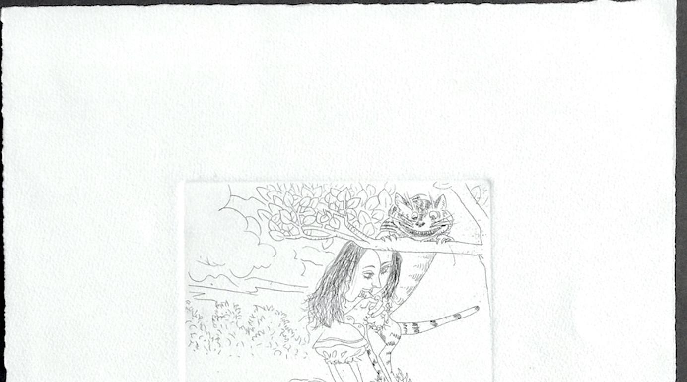 Alicia en el País de las Maravillas: GATO DE CHESHIRE Grabado firmado, Gato sonriente, Dibujo erótico - Figurative Print Gris de Knox Martin