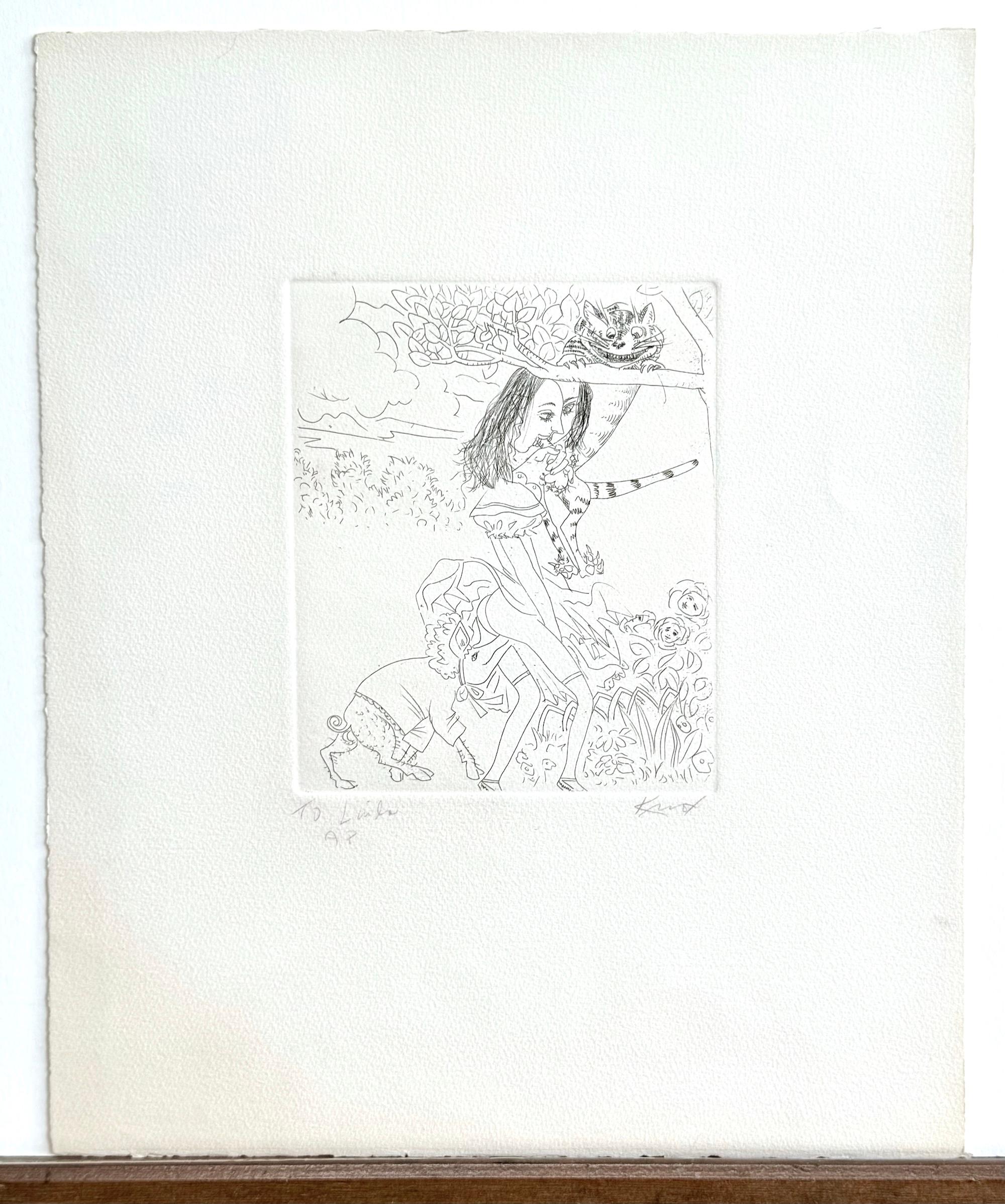 Alice au pays des merveilles : Gravure signée CHESHIRE CAT, chat en colère, dessin érotique en vente 1