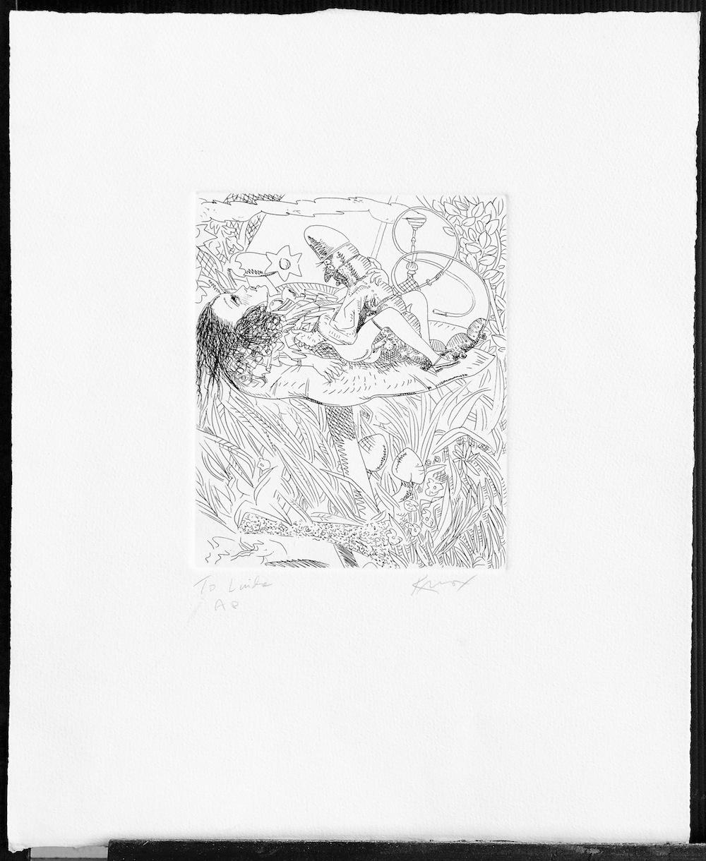 Alice In Wonderland : Hookah Smoking Caterpillar, eau-forte signée à la main, érotique - Contemporain Print par Knox Martin