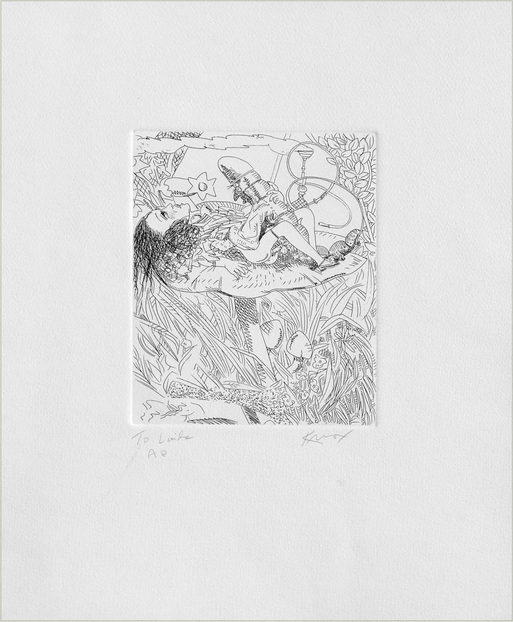 Alicia en el País de las Maravillas: Oruga fumadora de narguile, Grabado firmado a mano, Erótica - Print de Knox Martin