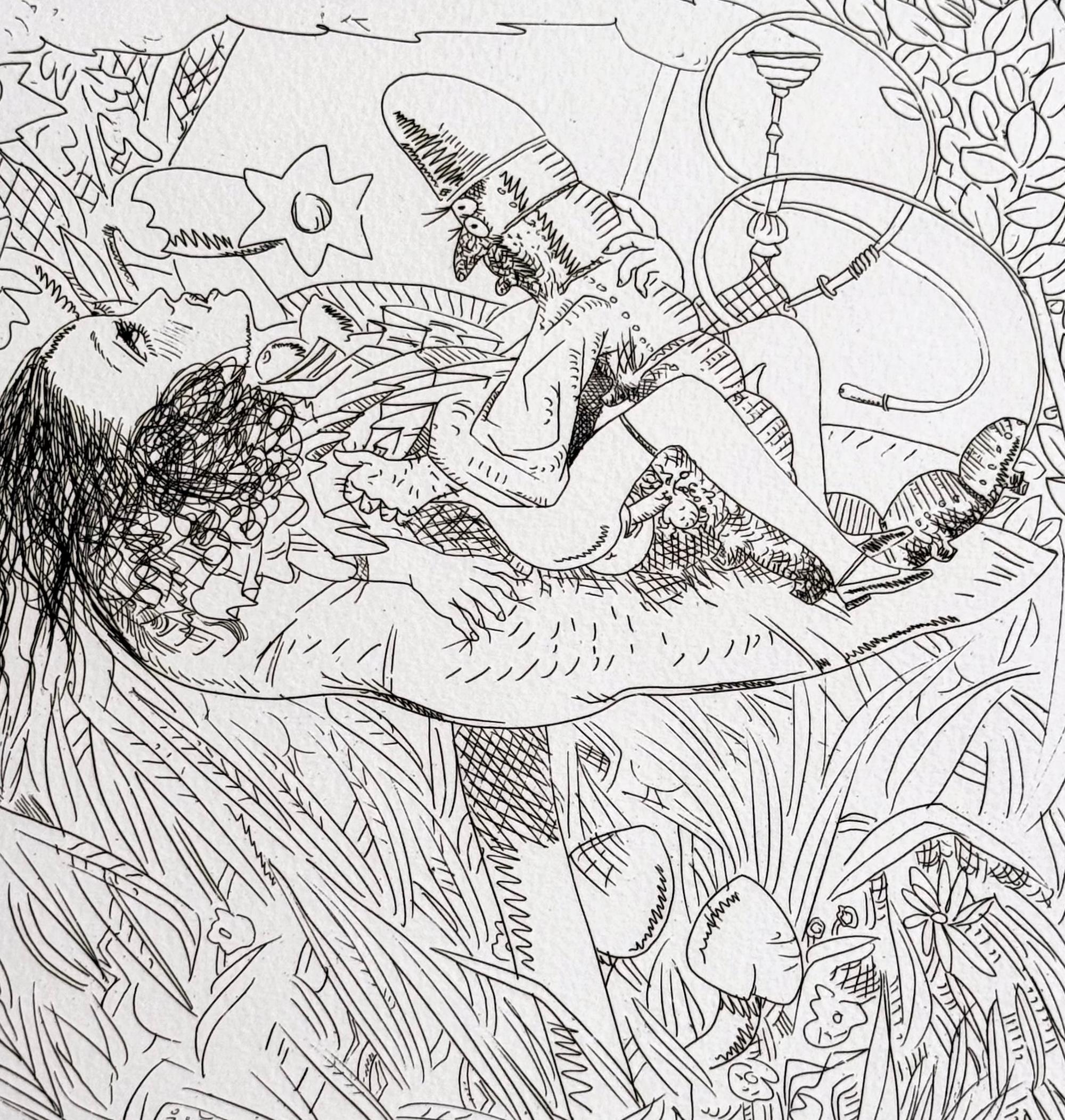 Alice In Wonderland : Hookah Smoking Caterpillar, eau-forte signée à la main, érotique - Print de Knox Martin