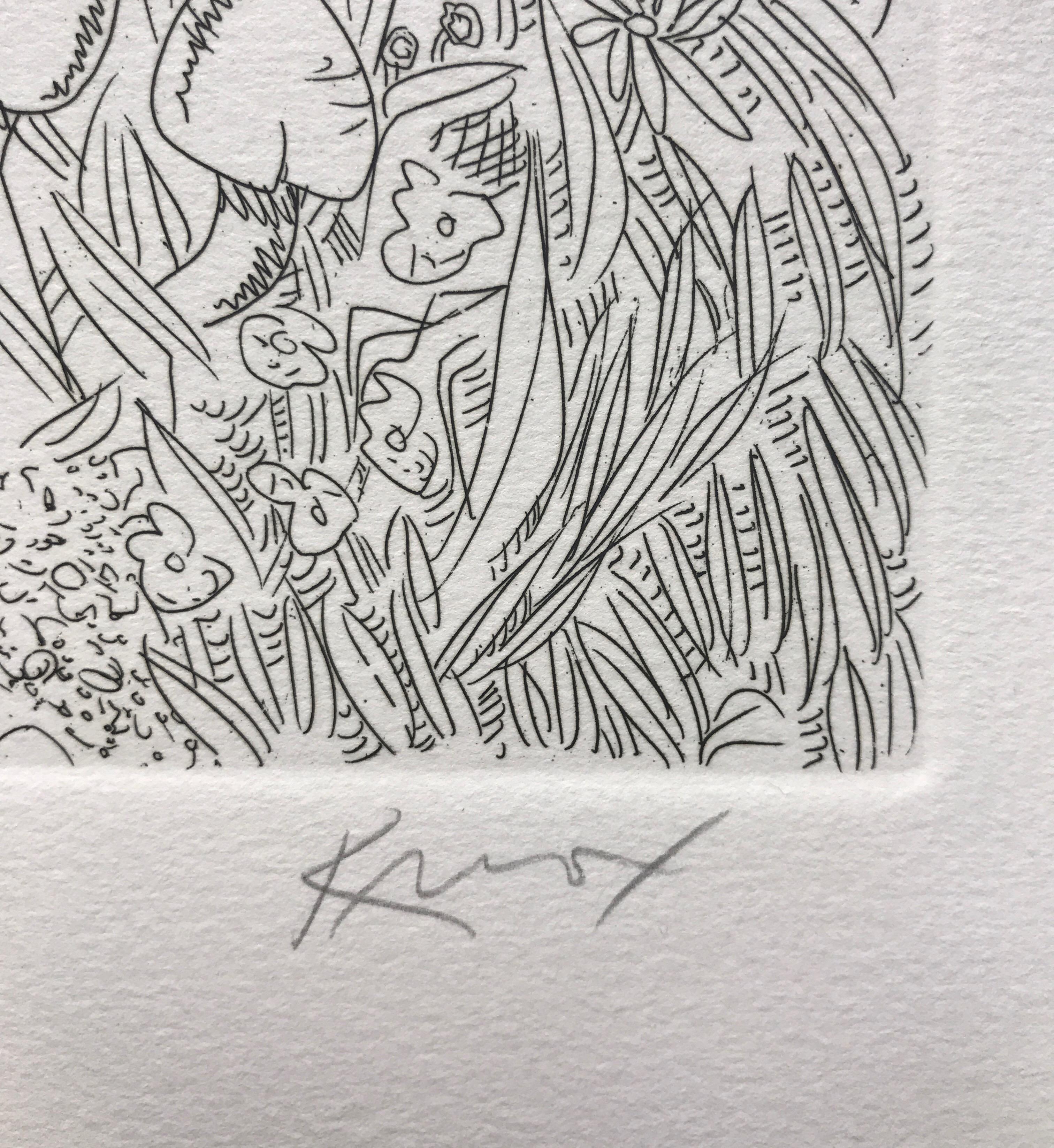 Alice In Wonderland:Hookah Smoking Caterpillar est une gravure originale réalisée à la main par le peintre abstrait américain Knox Martin. Imprimé à l'encre noire sur du papier d'impression d'archives, 100% sans acide. Interprétation érotique et