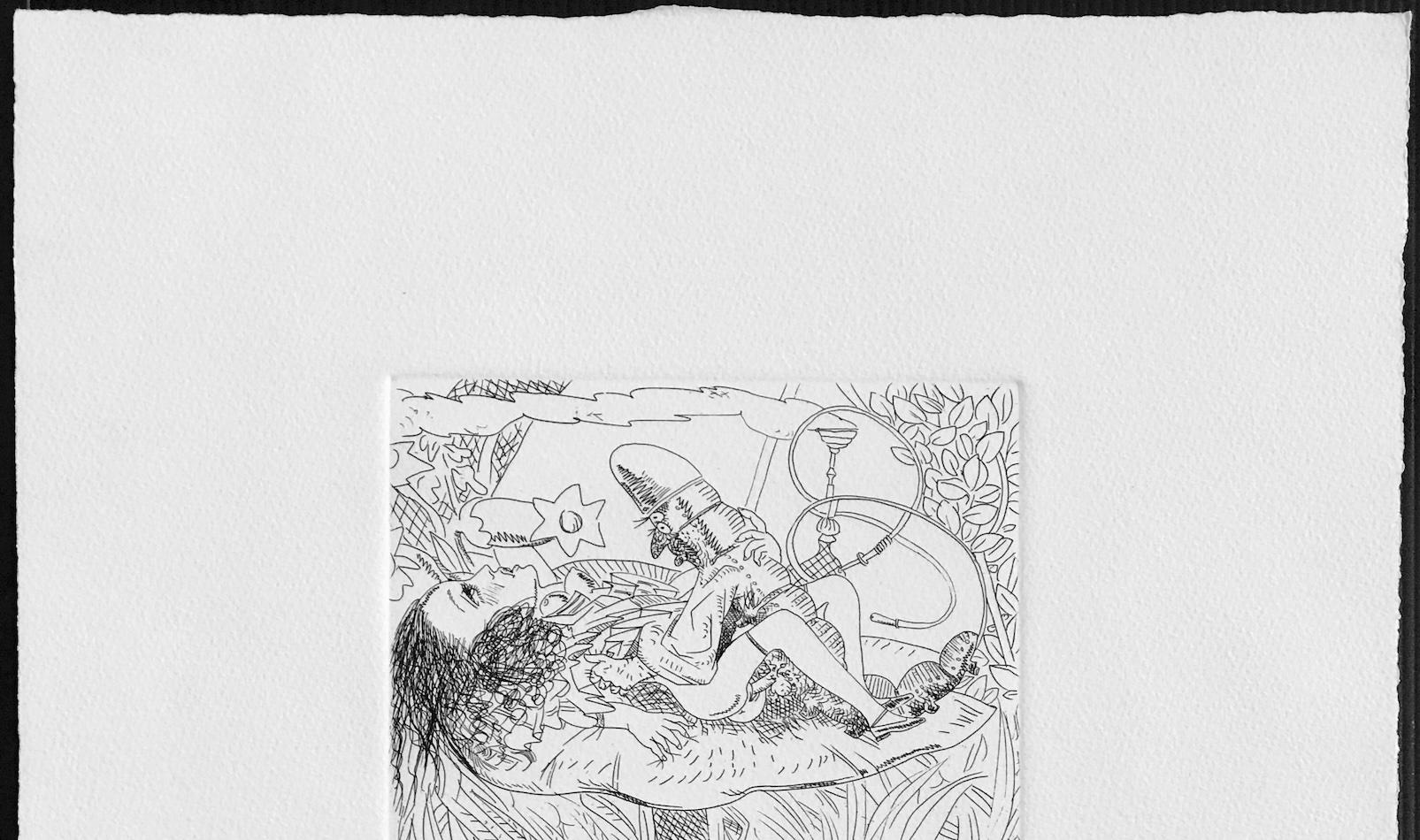 Alicia en el País de las Maravillas: Oruga fumadora de narguile es un grabado original hecho a mano por el pintor abstracto estadounidense Knox Martin. Impreso en tinta negra sobre papel de impresión de archivo, 100% libre de ácido. Interpretación