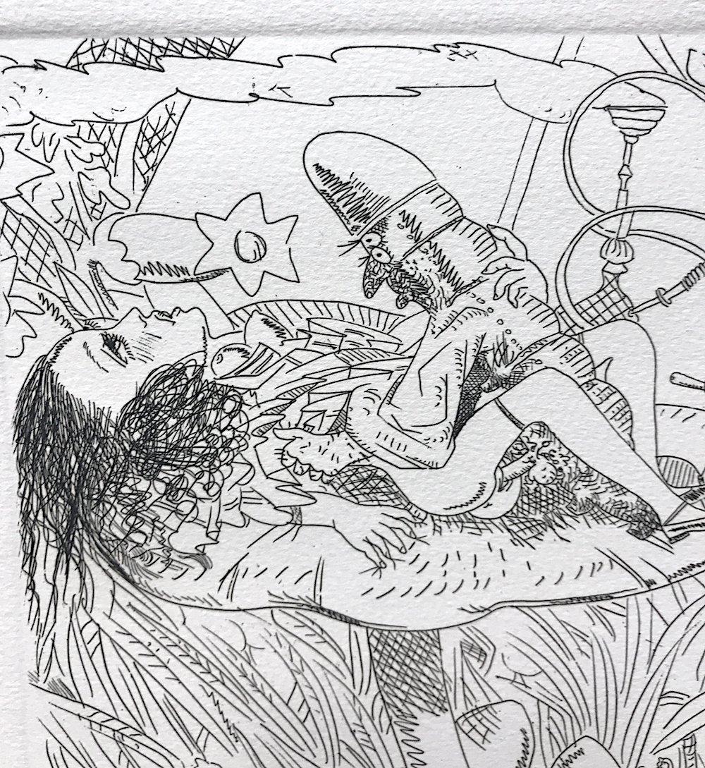 Alice In Wonderland : Hookah Smoking Caterpillar, eau-forte signée à la main, érotique - Print de Knox Martin