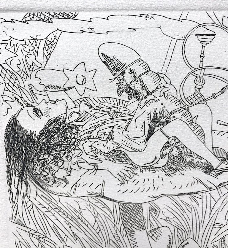 Alice In Wonderland: Hookah Smoking Caterpillar, Hand signed Etching, Erotica - Print by Knox Martin