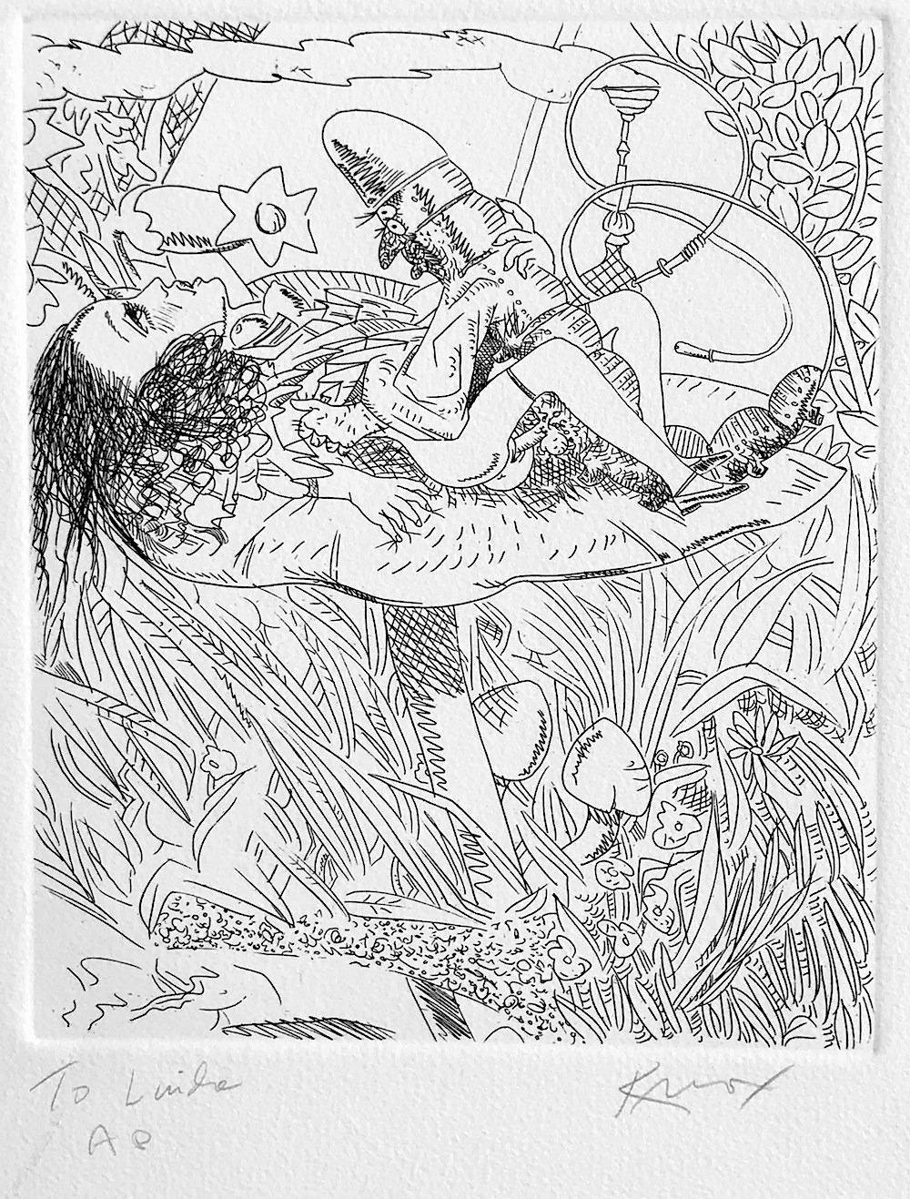 Figurative Print Knox Martin - Alice In Wonderland : Hookah Smoking Caterpillar, eau-forte signée à la main, érotique