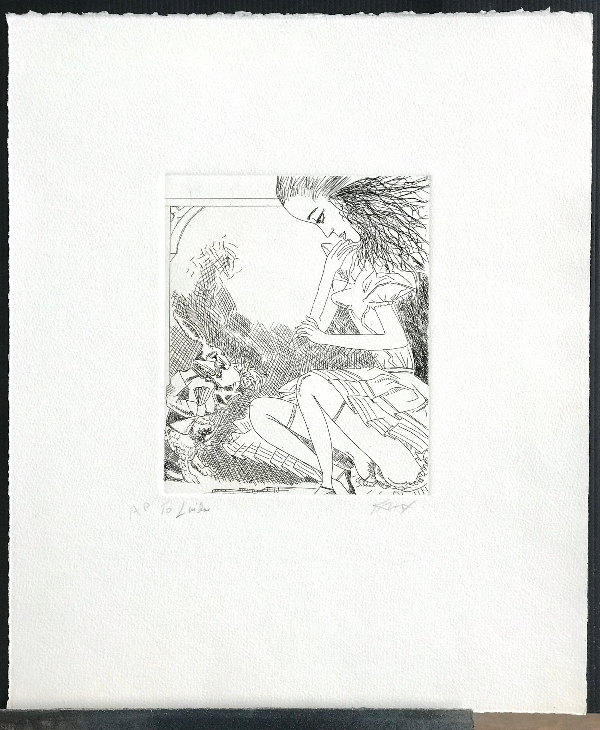 ALICE IN WONDERLAND WHITE RABBIT Hand signed Etching, Female Portrait, Erotica im Angebot 5