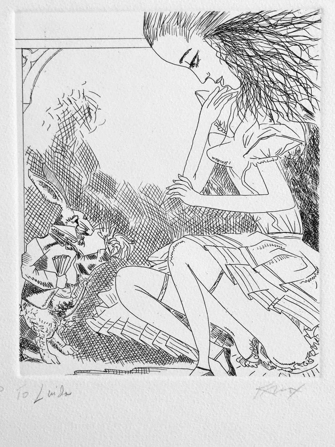 ALICE IN WONDERLAND WHITE RABBIT Hand signed Etching, Female Portrait, Erotica (Grau), Figurative Print, von Knox Martin