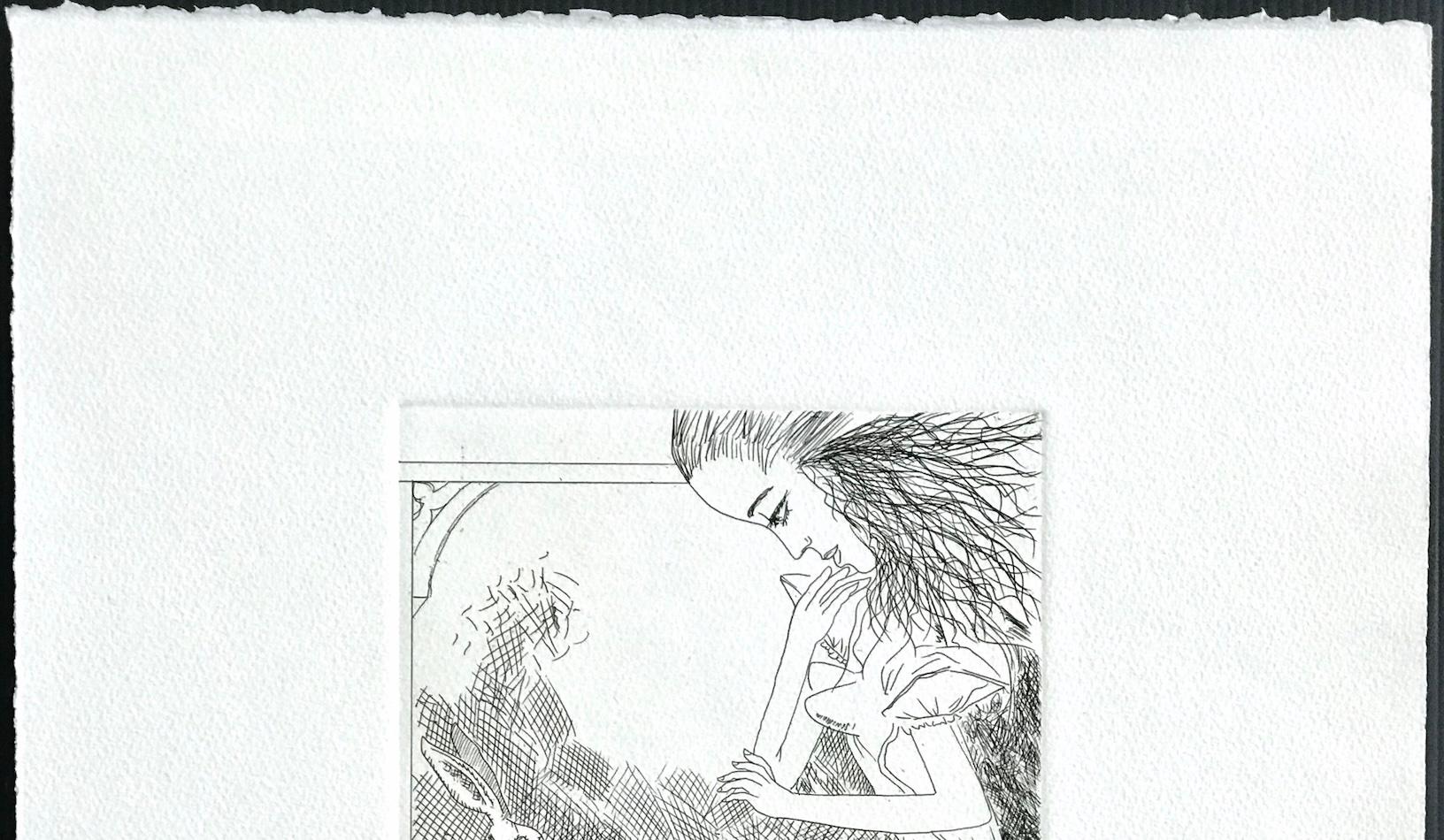 ALICE EN WONDERLAND CONEJO BLANCO Aguafuerte firmado a mano, Retrato femenino, Erótica en venta 2