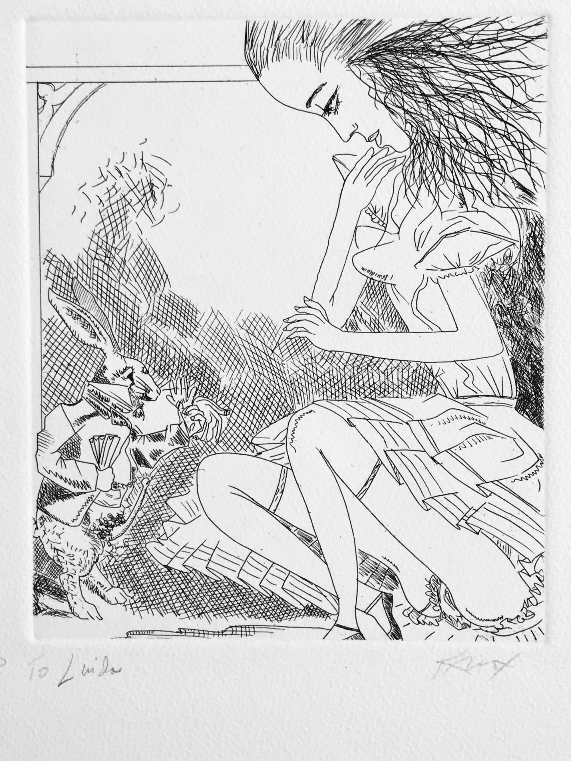 Knox Martin Figurative Print – ALICE IN WONDERLAND WHITE RABBIT Hand signed Etching, Female Portrait, Erotica