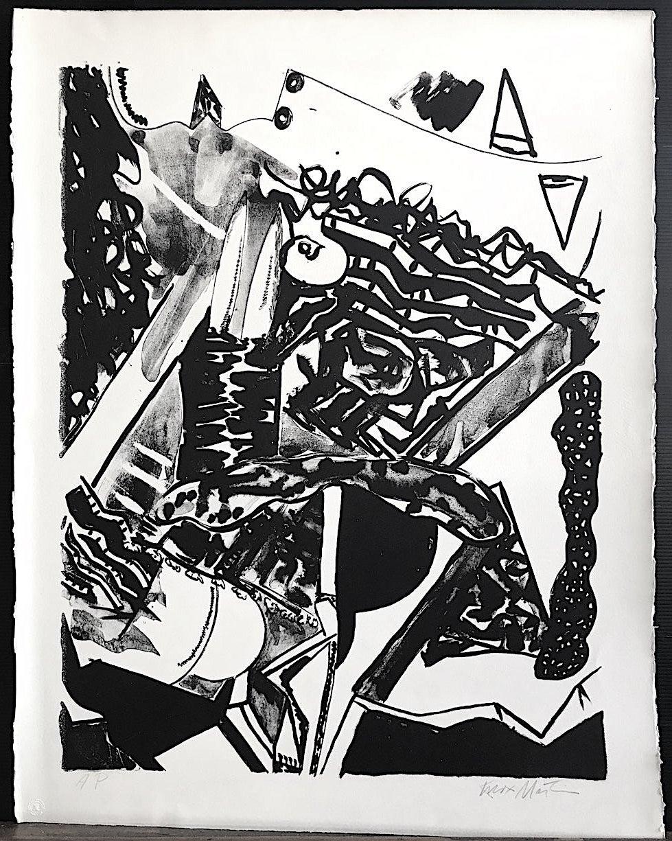 FACE TO FACE ist eine original handgezeichnete Steinlithographie des amerikanischen abstrakten Malers Knox Martin. Gedruckt von einem Lithografiestein in satter schwarzer Tinte auf archivfähigem Arches-Druckpapier, 100% säurefrei. FACE TO FACE ist